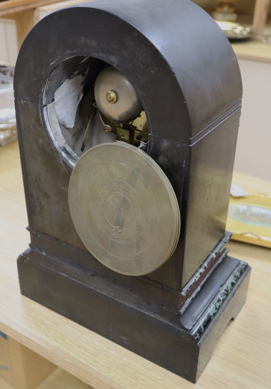 A Victorian black slate and rouge marble mantel clock, with French bell-striking movement, 43cm high
